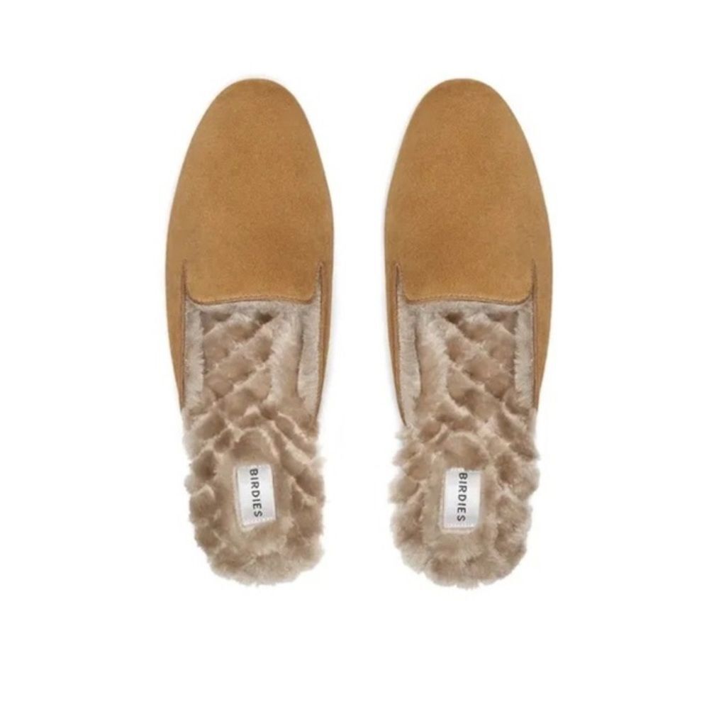 Birdies The Phoebe Mule Slipper Camel Suede Leather Cream Faux Fur Size 8